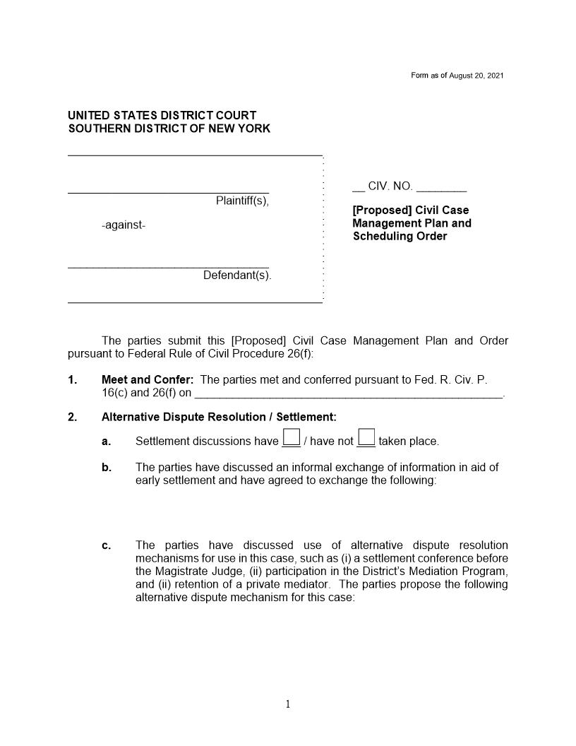 Civil Case Management Plan And Scheduling Order (Mag Judge Lehrburger) | Pdf Fpdf Docx | New York