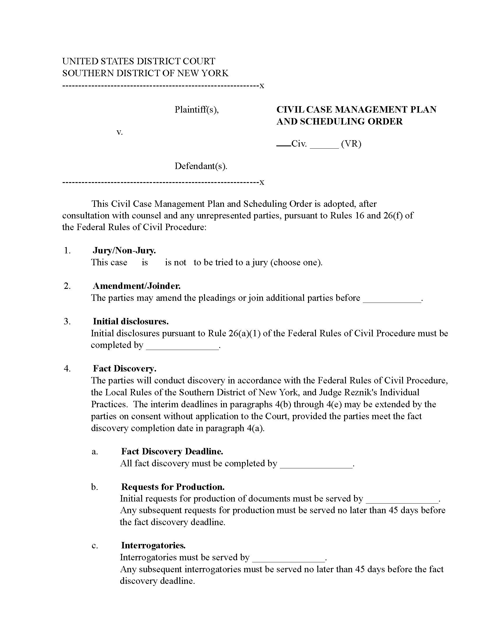 Civil Case Management Plan And Scheduling Order (Maj. Judge Reznik) | Pdf Fpdf Doc Docx | New York