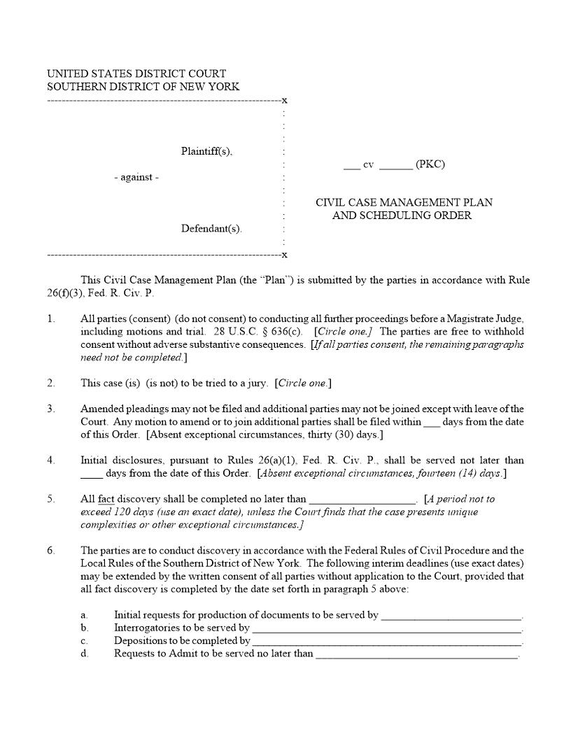 Civil Case Management Plan And Scheduling Order Judge Castel | Pdf Fpdf Docx | New York