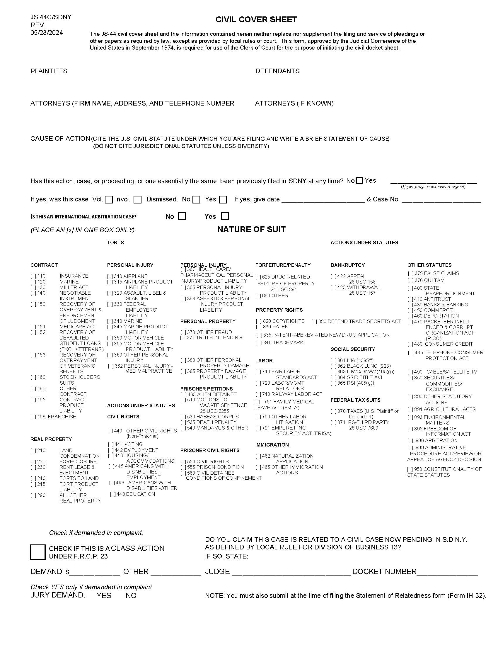 Civil Cover Sheet (SDNY) {JS-44C-SDNY} | Pdf Fpdf Doc Docx | New York