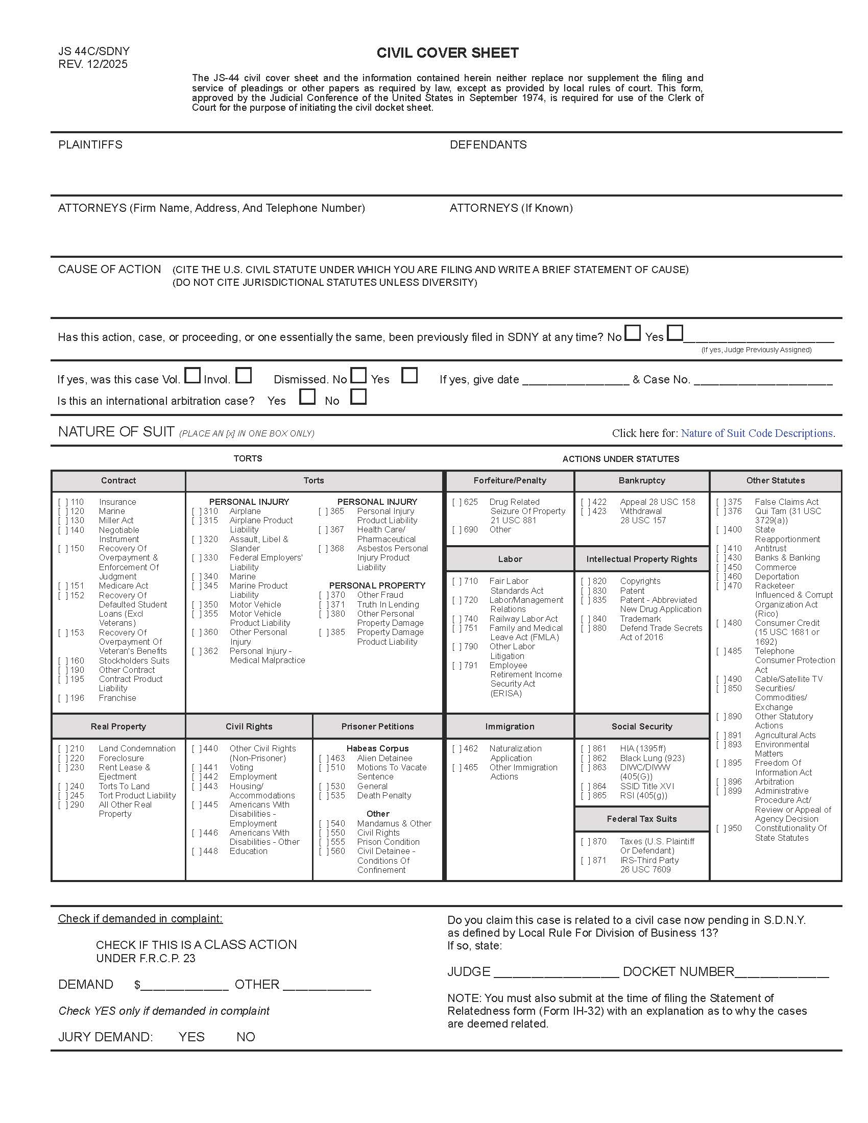 Civil Cover Sheet (SDNY) {JS-44C-SDNY} | Pdf Fpdf Doc Docx | New York