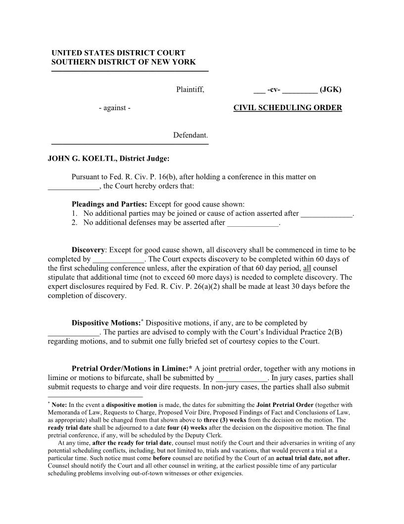 Civil Scheduling Order (Judge Koeltl) {SDNY CSOJGK} | Pdf Fpdf Docx | New York