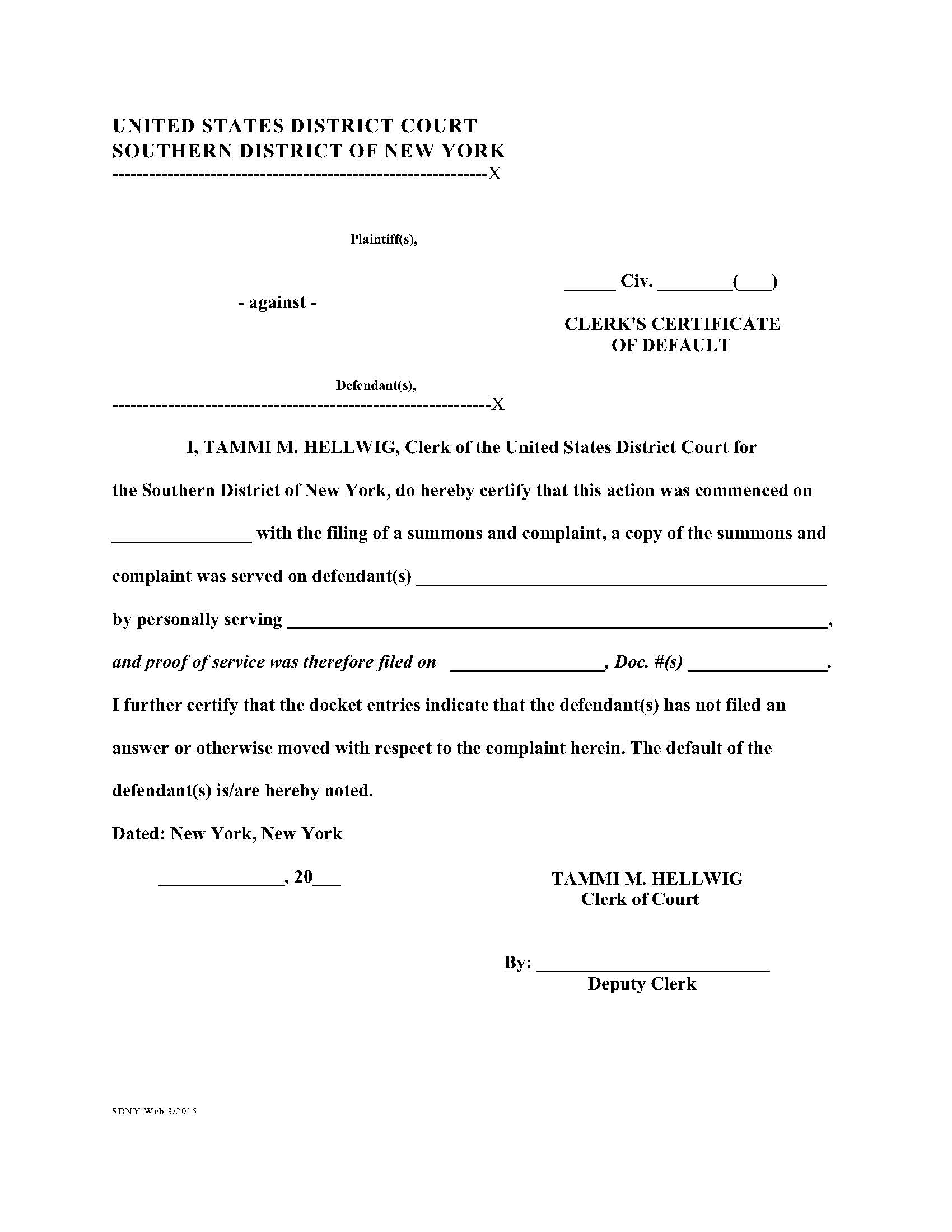 Clerks Certificate Of Default {SDNY CCoD} | Pdf Fpdf Docx | New York