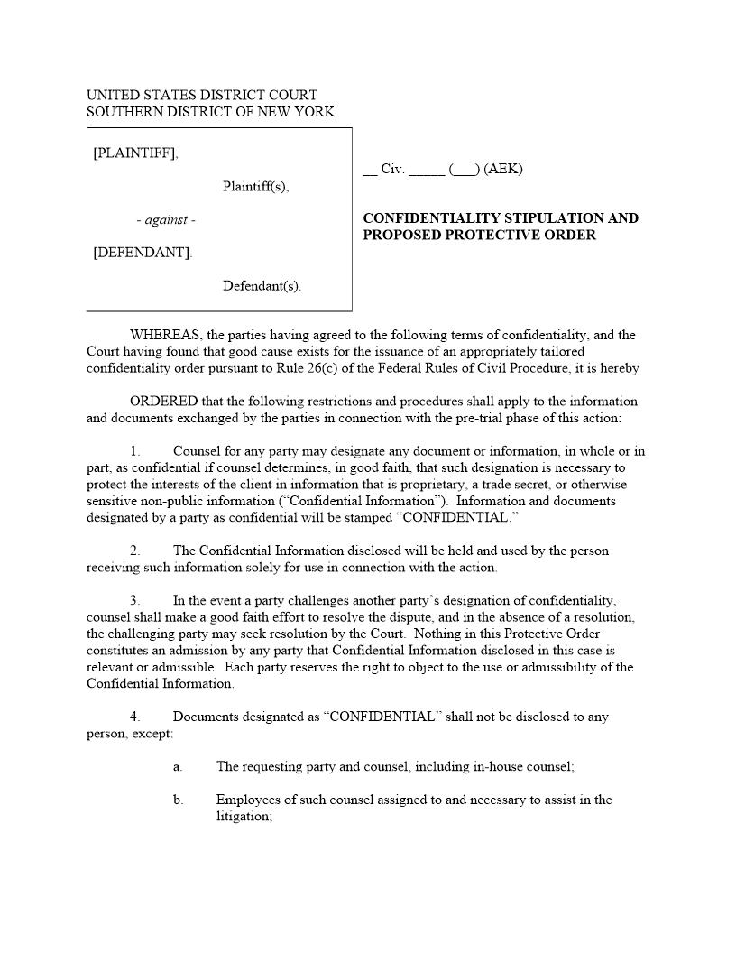 Confidentiality Stipulation And Proposed Protective Order - Agreement (Mag. Judge Krause) {SDNY CSPPOAAEK} | Pdf Fpdf Docx | New York