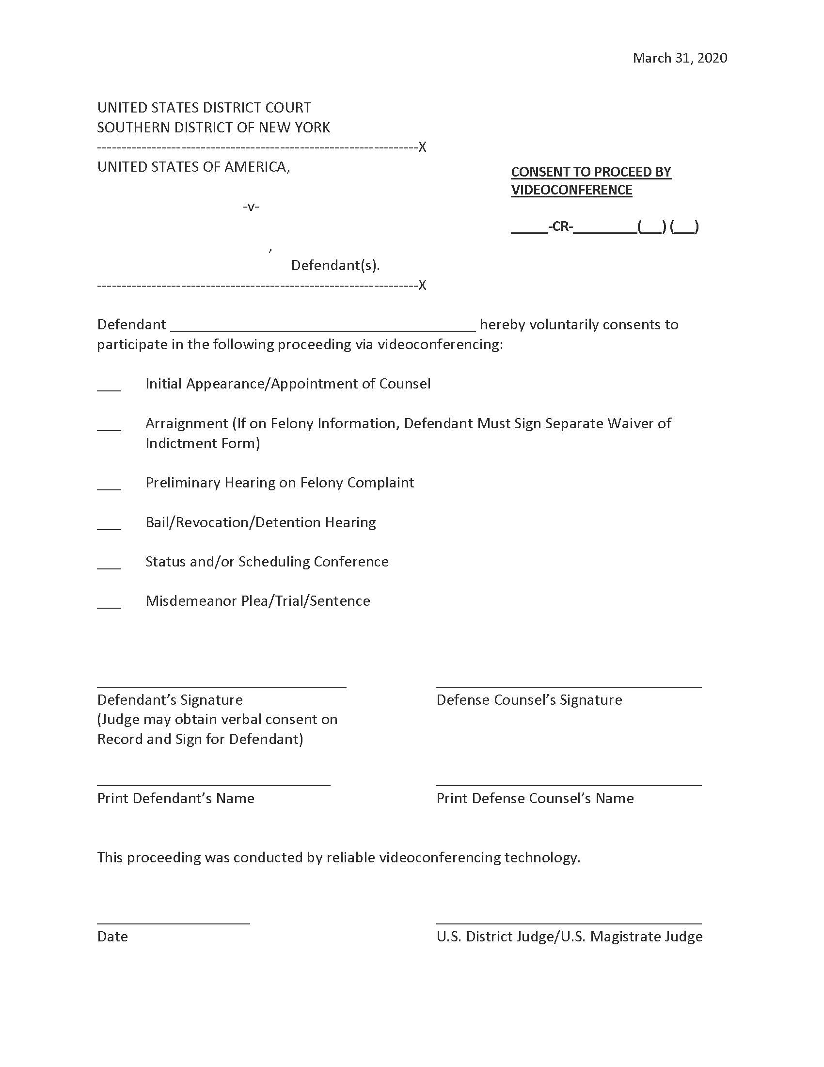 Consent To Proceed By Videoconference {SDNY CPV} | Pdf Fpdf Docx | New York