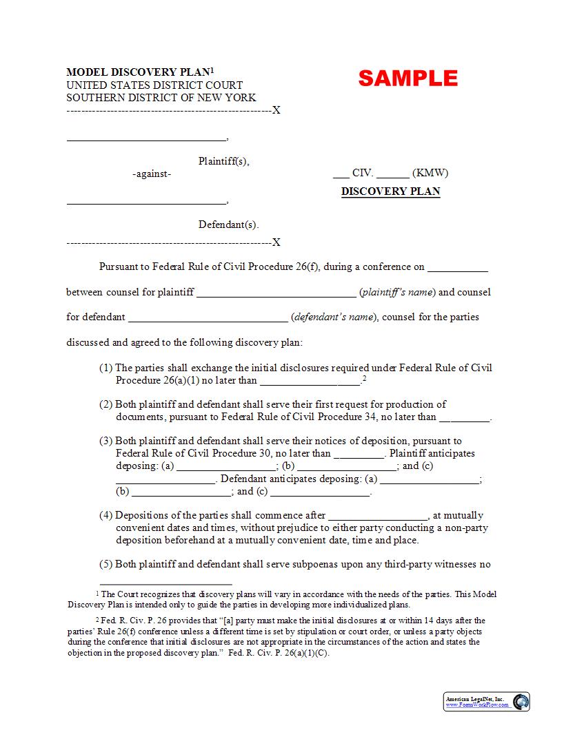 Discovery Plan (Sample And Form) (Judge Wood) | Pdf Fpdf Docx | New York
