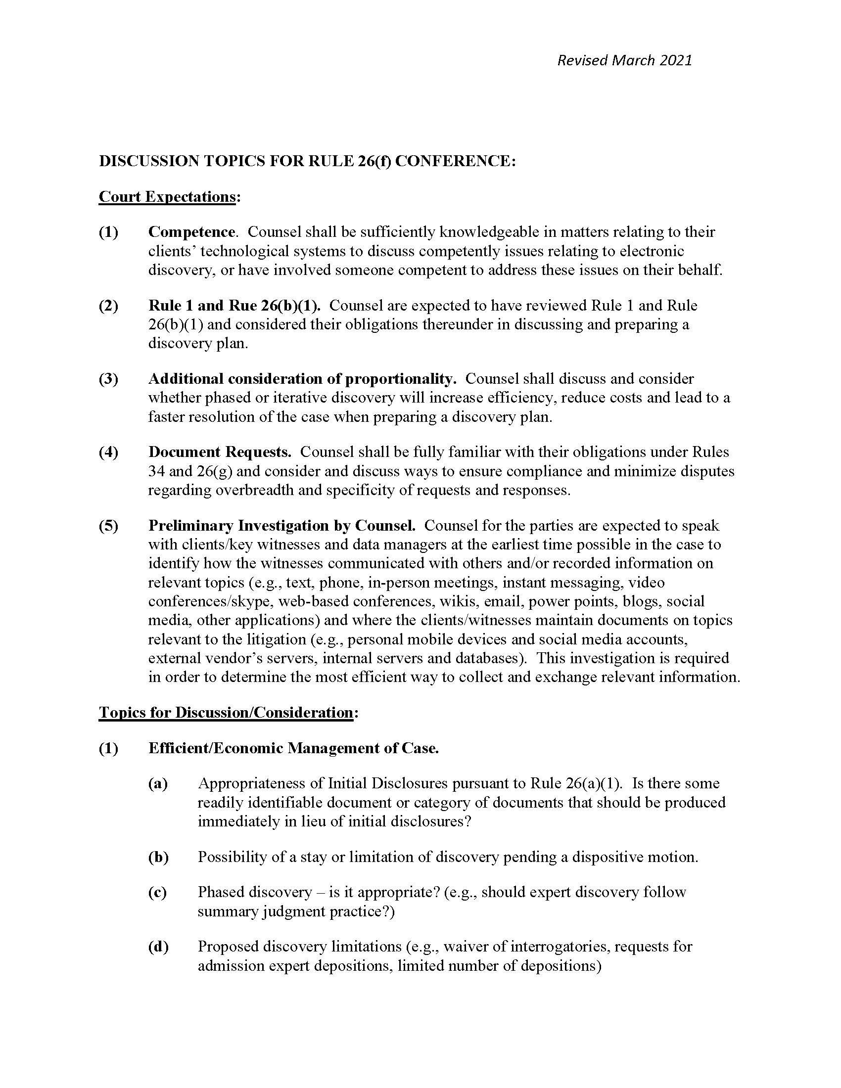 Discussion Topics For Rule 26(f) Meeting (Judge Parker) | Pdf Fpdf Docx | New York