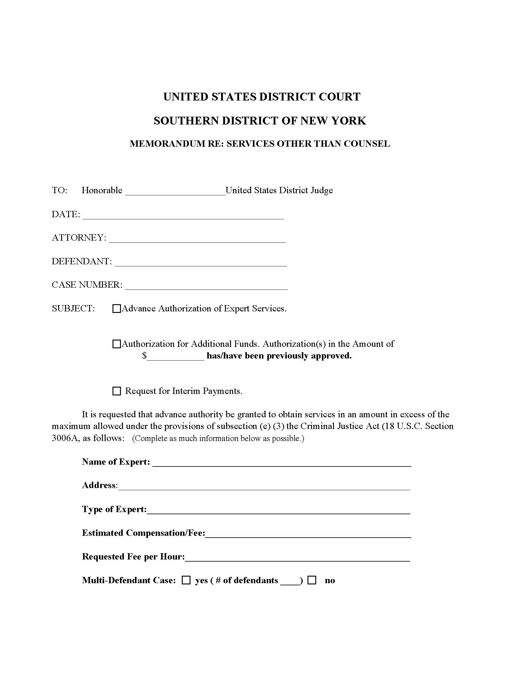 Memorandum Re Services Other Than Counsel {SDNY MRSOTC} | Pdf Fpdf Docx | New York
