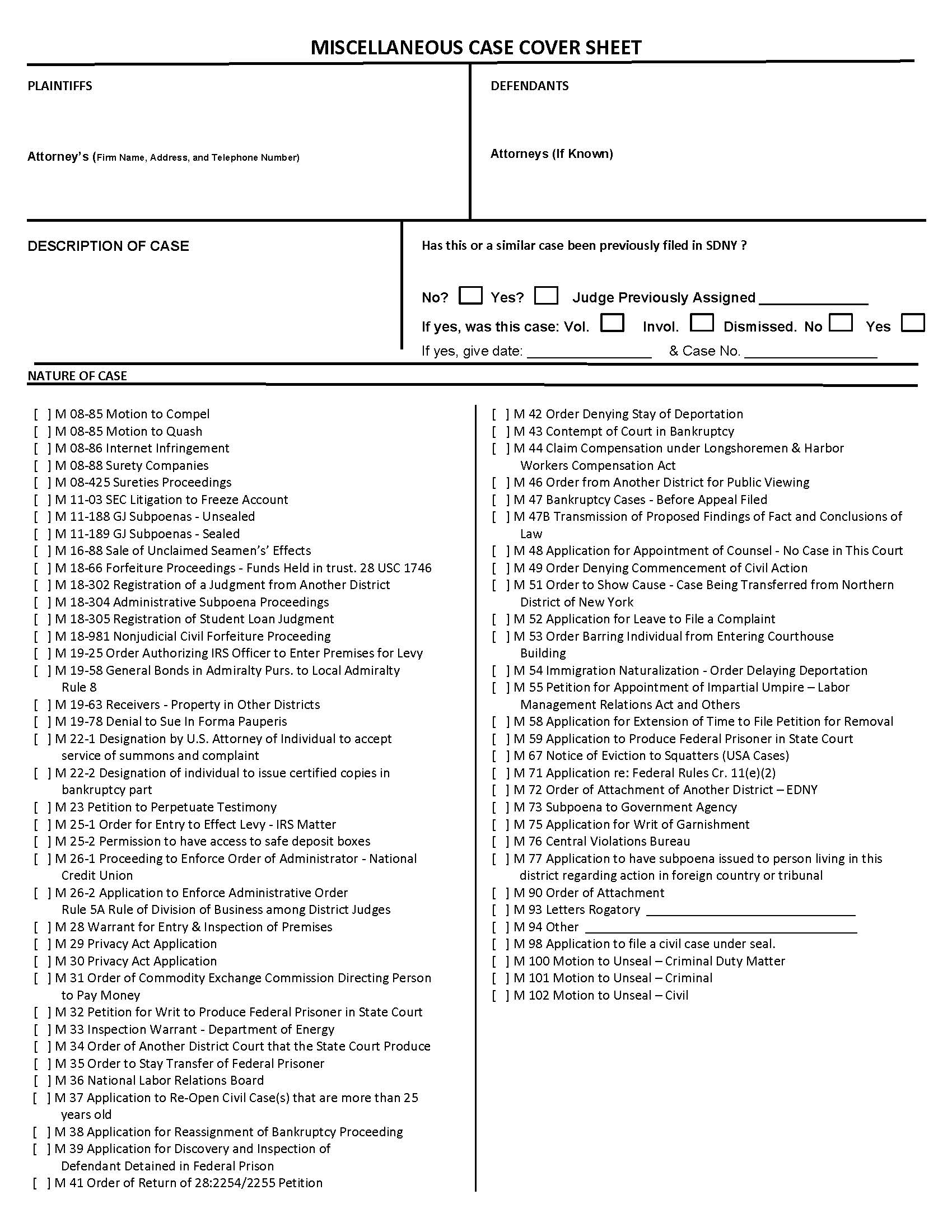 Miscellaneous Case Cover Sheet {SNY MCCS} | Pdf Fpdf Docx | New York
