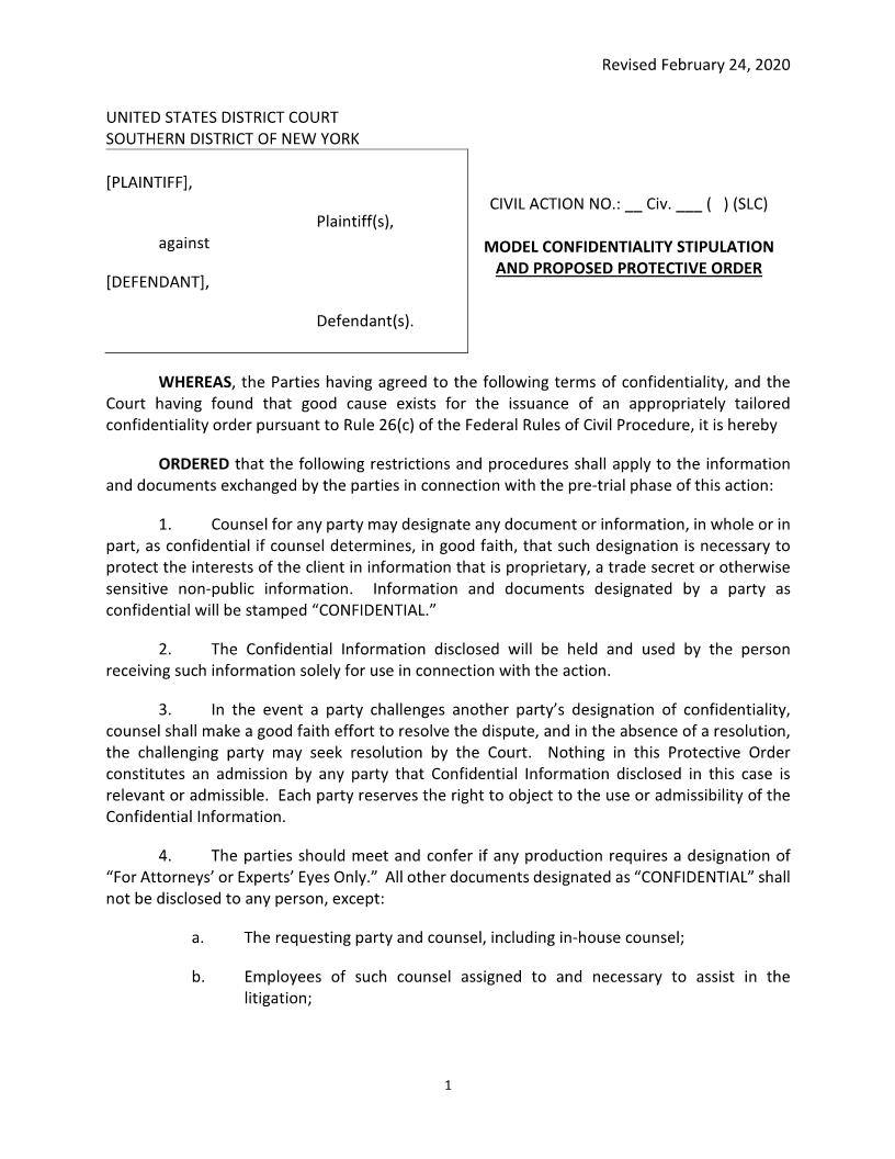 Model Confidentiality Stipulation And Proposed Protective Order (Maj. Judge Cave) {SDNY MCSPPOSLC} | Pdf Fpdf Docx | New York