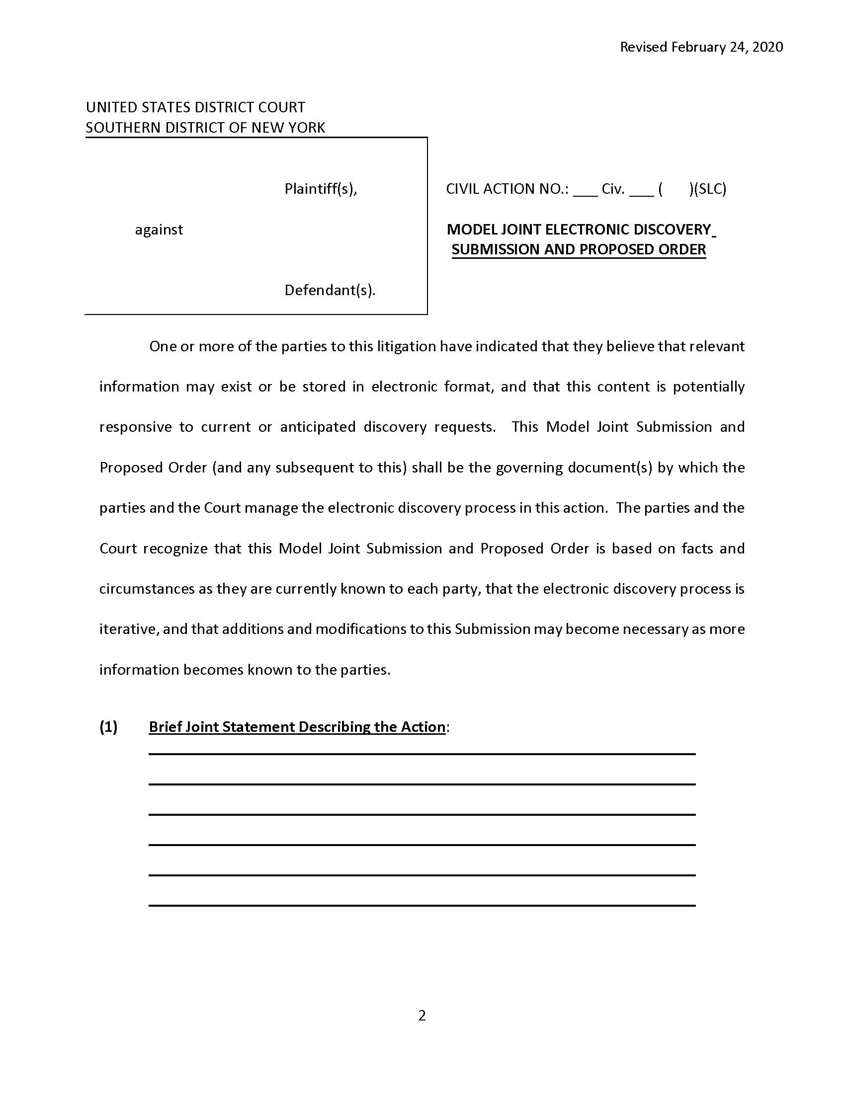 Model Joint Electronic Discovery Submission Proposed Order (Mag. Judge Cave) {SDNY MJEDSPOSLC} | Pdf Fpdf Docx | New York