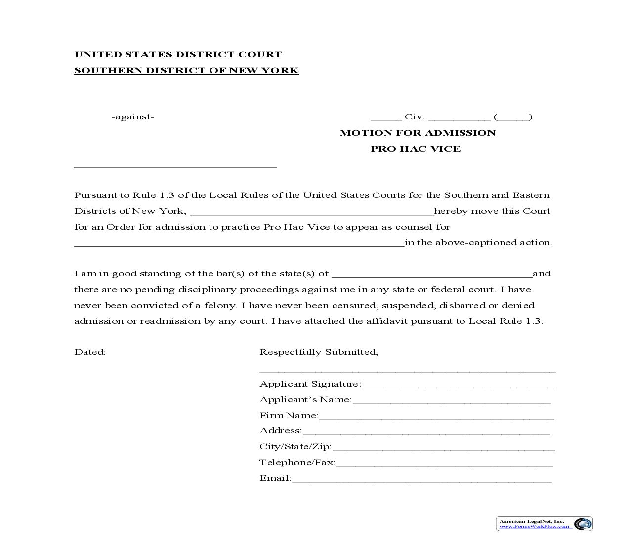 Motion For Admission Pro Hac Vice | Pdf Fpdf Doc Docx | New York