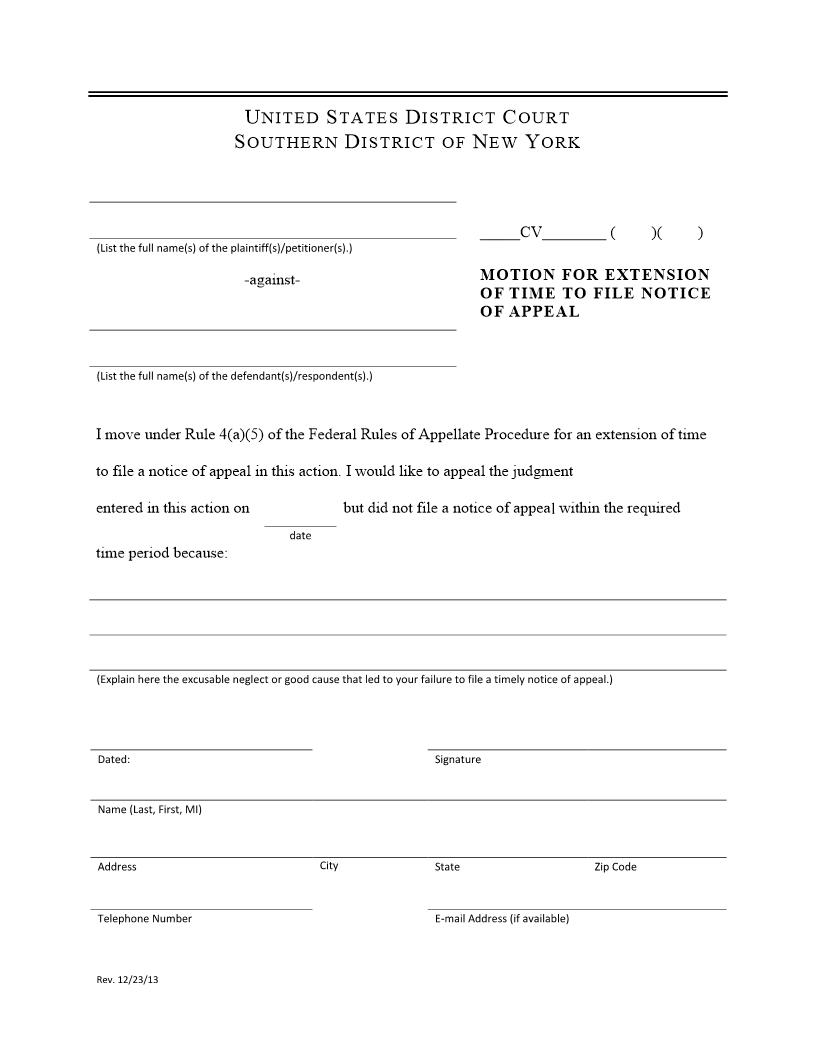 Motion For Extension Of TIme To File Notice Of Appeal {SDNY METFNA} | Pdf Fpdf Docx | New York