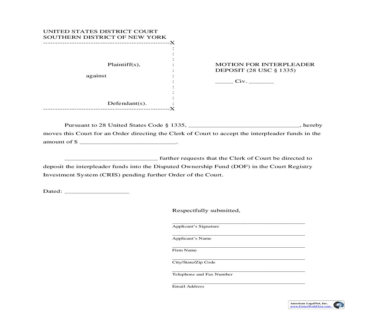 Motion For Interpleader Deposit | Pdf Fpdf Doc Docx | New York