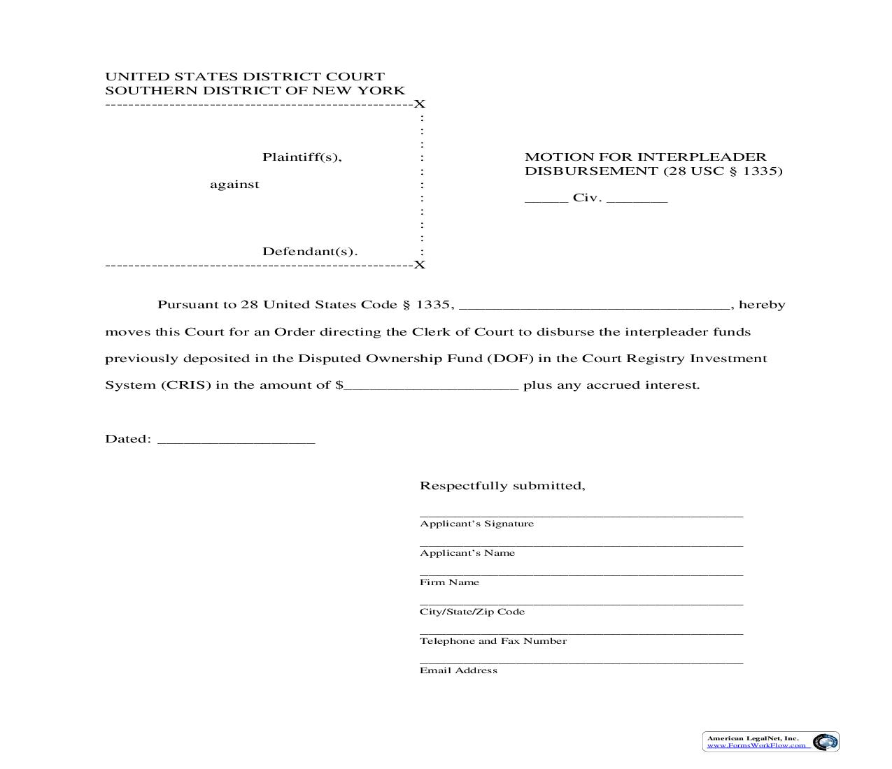 Motion For Interpleader Disbursement | Pdf Fpdf Doc Docx | New York