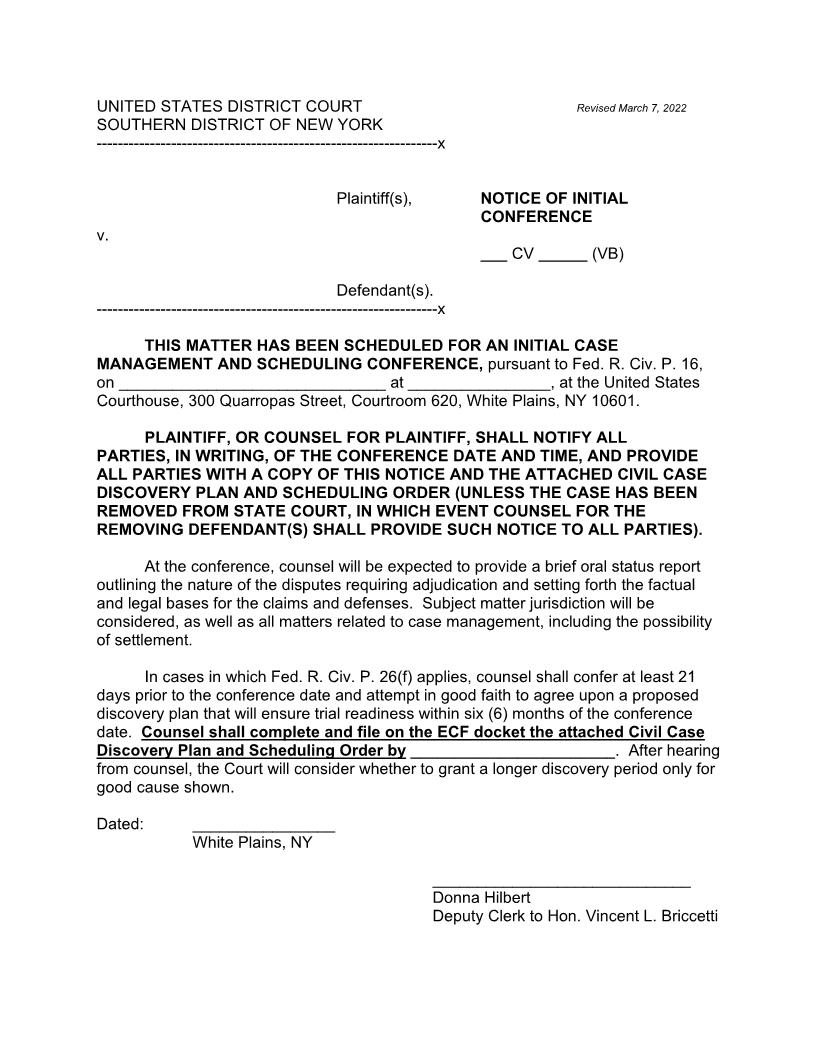 Notice Of Initial Conference (Judge Briccetti) | Pdf Fpdf Docx | New York