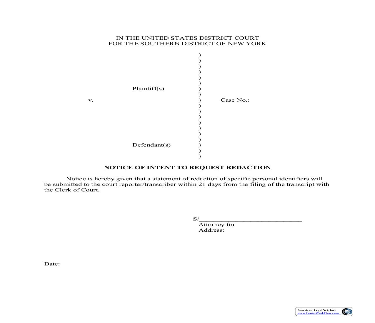 Notice Of Intent To Request Redaction | Pdf Fpdf Doc Docx | New York