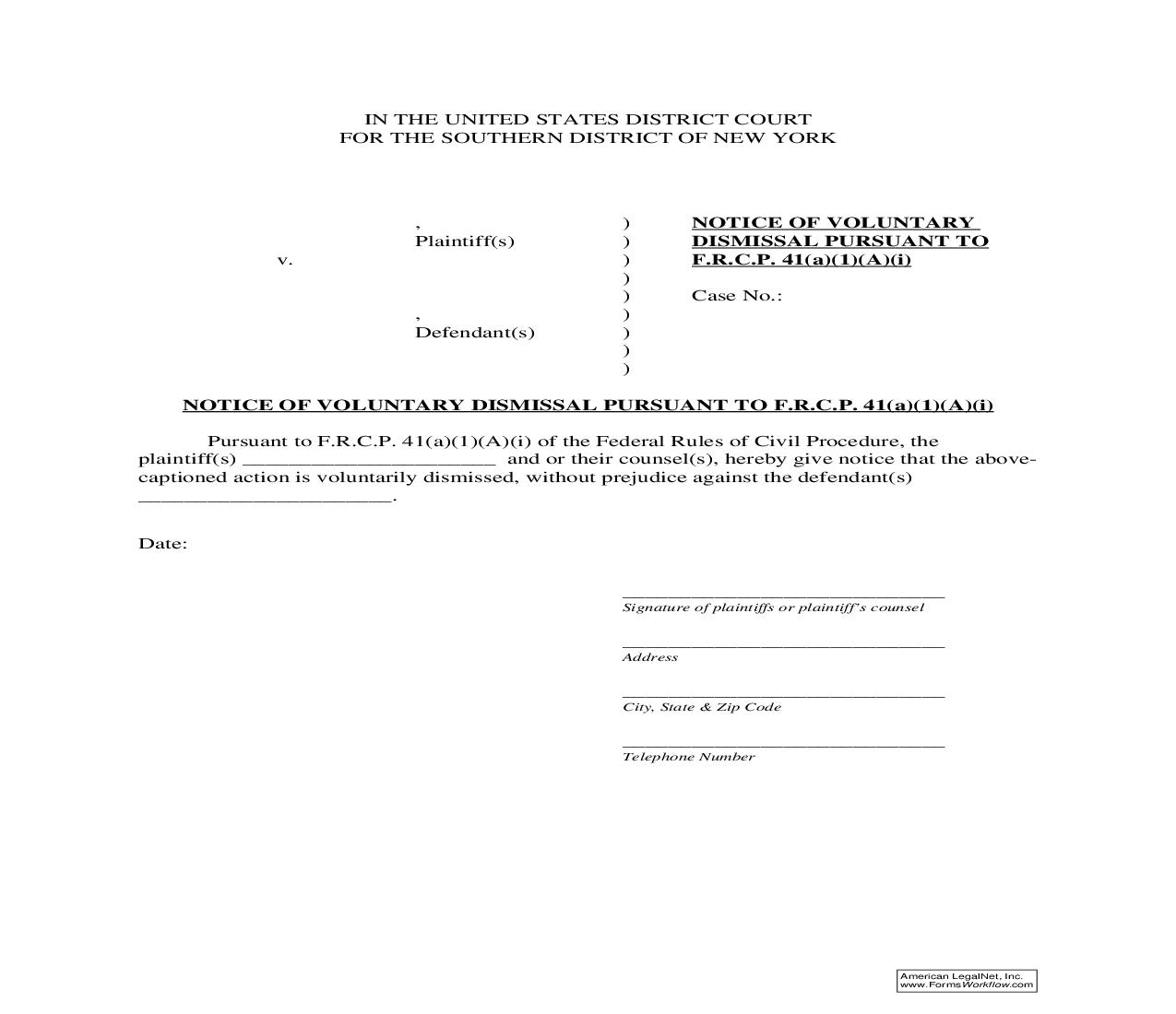 Notice Of Voluntary Dismissal Pursuant To FRCP 41(a)(1)(A)(i) | Pdf Fpdf Doc Docx | New York