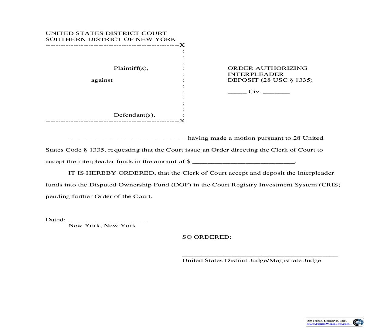 Order Authorizing Interpleader Deposit | Pdf Fpdf Doc Docx | New York