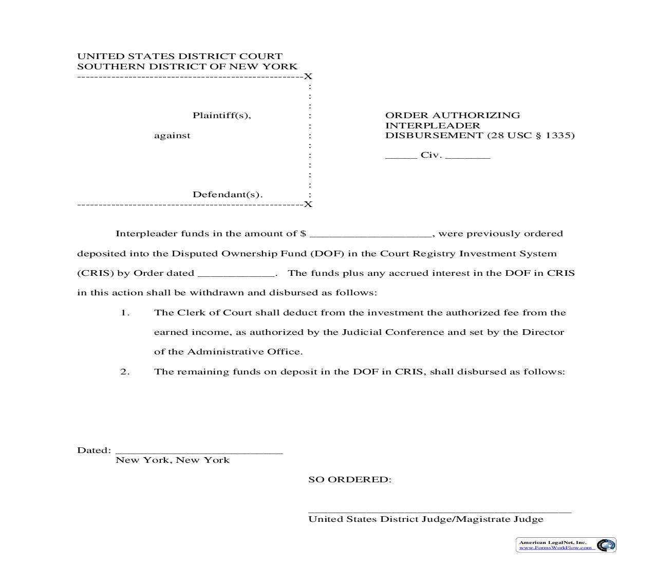 Order Authorizing Interpleader Disbursement | Pdf Fpdf Doc Docx | New York