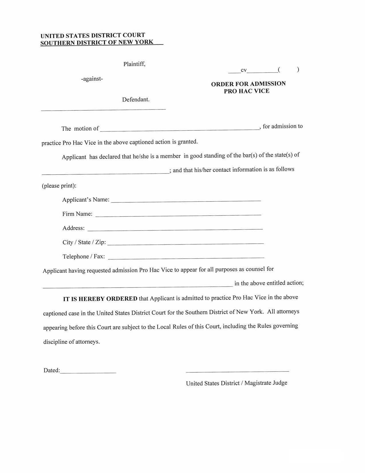 Order For Admission Pro Hac Vice (Written Motion) {SDNY OAPHV-W} | Pdf Fpdf Doc Docx | New York