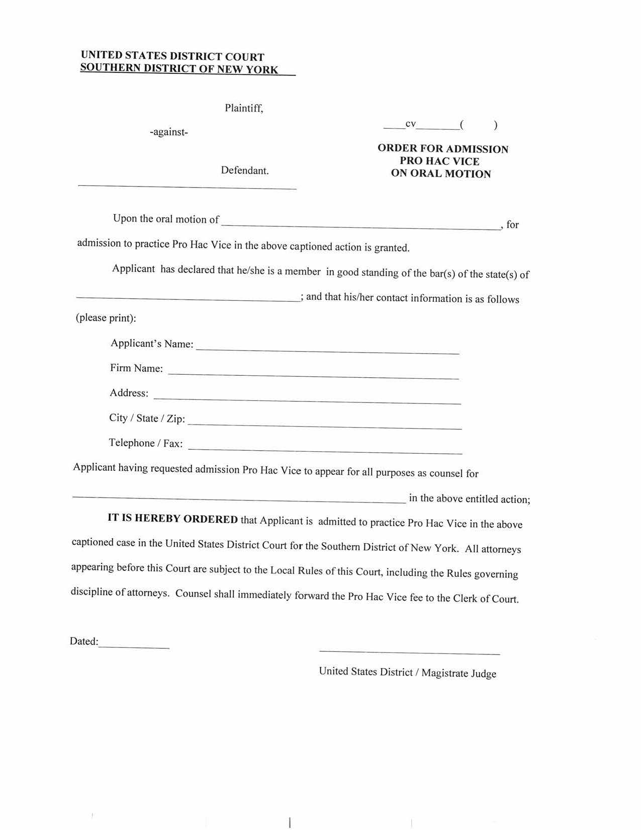 Order For Admission Pro Hac Vice On Oral Motion {SDNY OAPHV-O} | Pdf Fpdf Doc Docx | New York