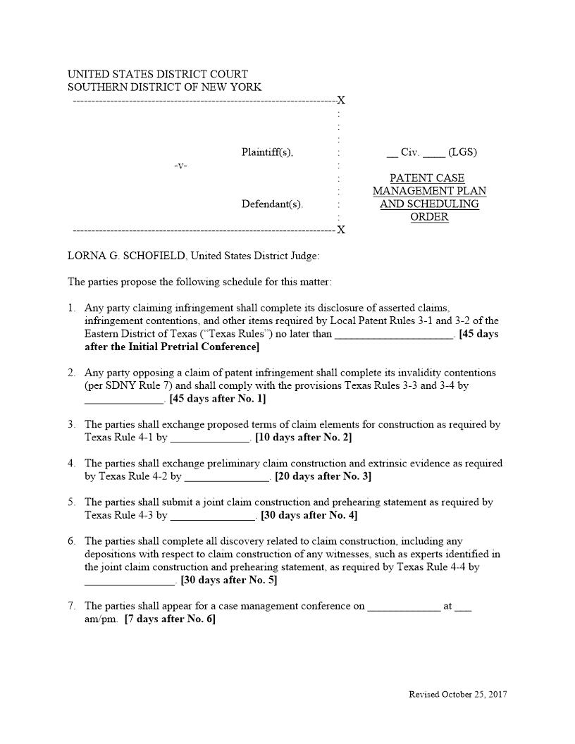 Patent Case Management Plan And Scheduling Order (Judge Schofield) {SDNY PMPSOLGS} | Pdf Fpdf Docx | New York