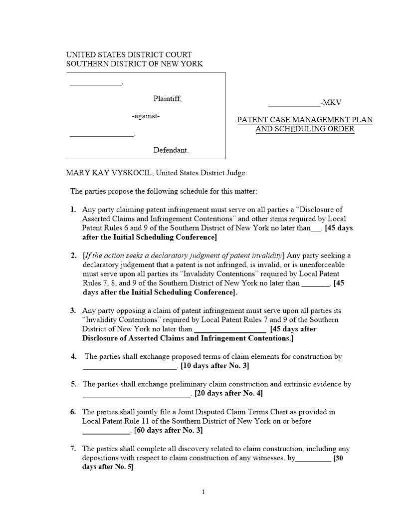 Patent Case Management Plan And Scheduling Order (Judge Vyskocil) {SDNY PMPSOMKV} | Pdf Fpdf Docx | New York