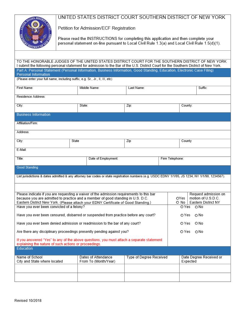 Petition For Admission ECF Registration {SDNY PfAECF} | Pdf Fpdf Docx | New York