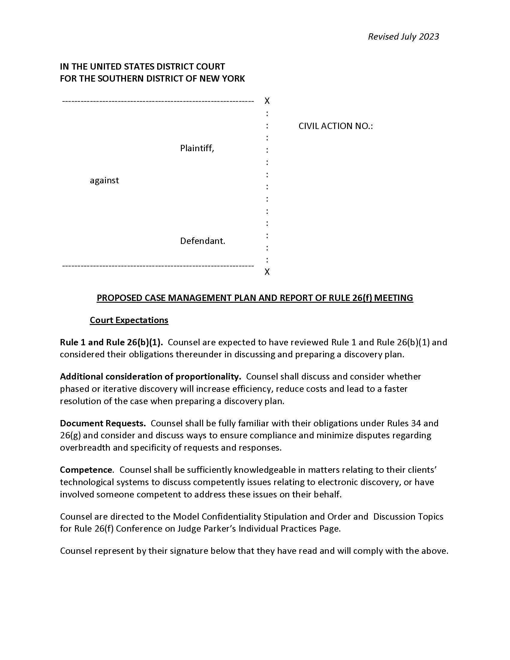 Proposed Case Management Plan Report Of Rule 26(f) Meeting (Mag. Judge Parker) | Pdf Fpdf Doc Docx | New York