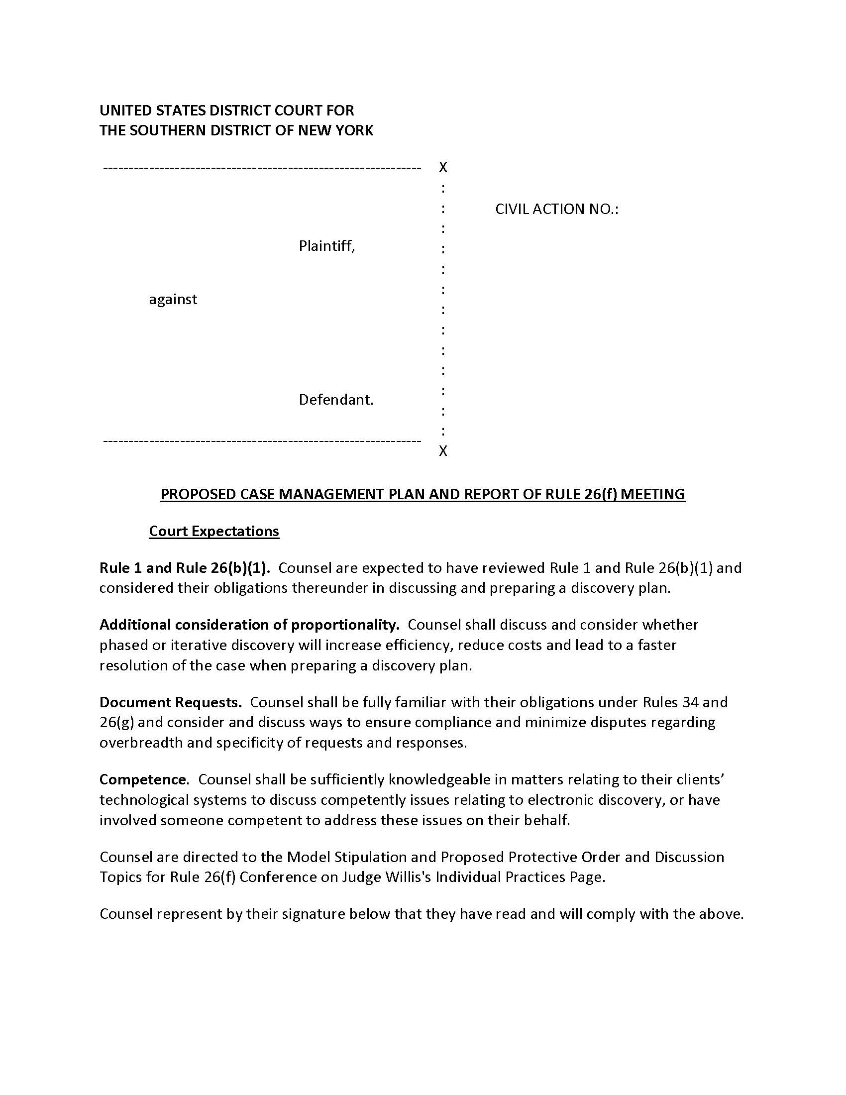Proposed Case Management Plan Report Of Rule 26(f) Meeting (Mag. Judge Willis) {SDNY PCMPR26fJEW} | Pdf Fpdf Docx | New York