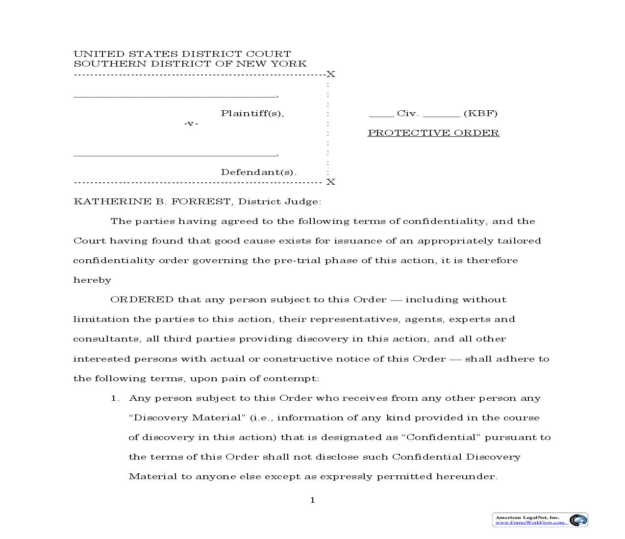 Protective Order 1 (Judge Forrest) | Pdf Fpdf Doc Docx | New York