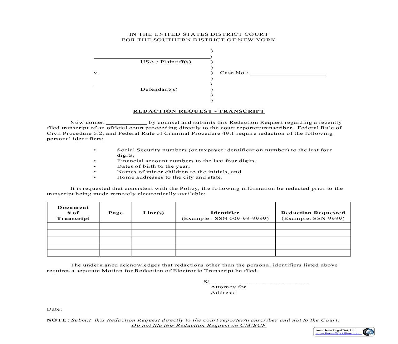 Redaction Request - Transcript | Pdf Fpdf Doc Docx | New York