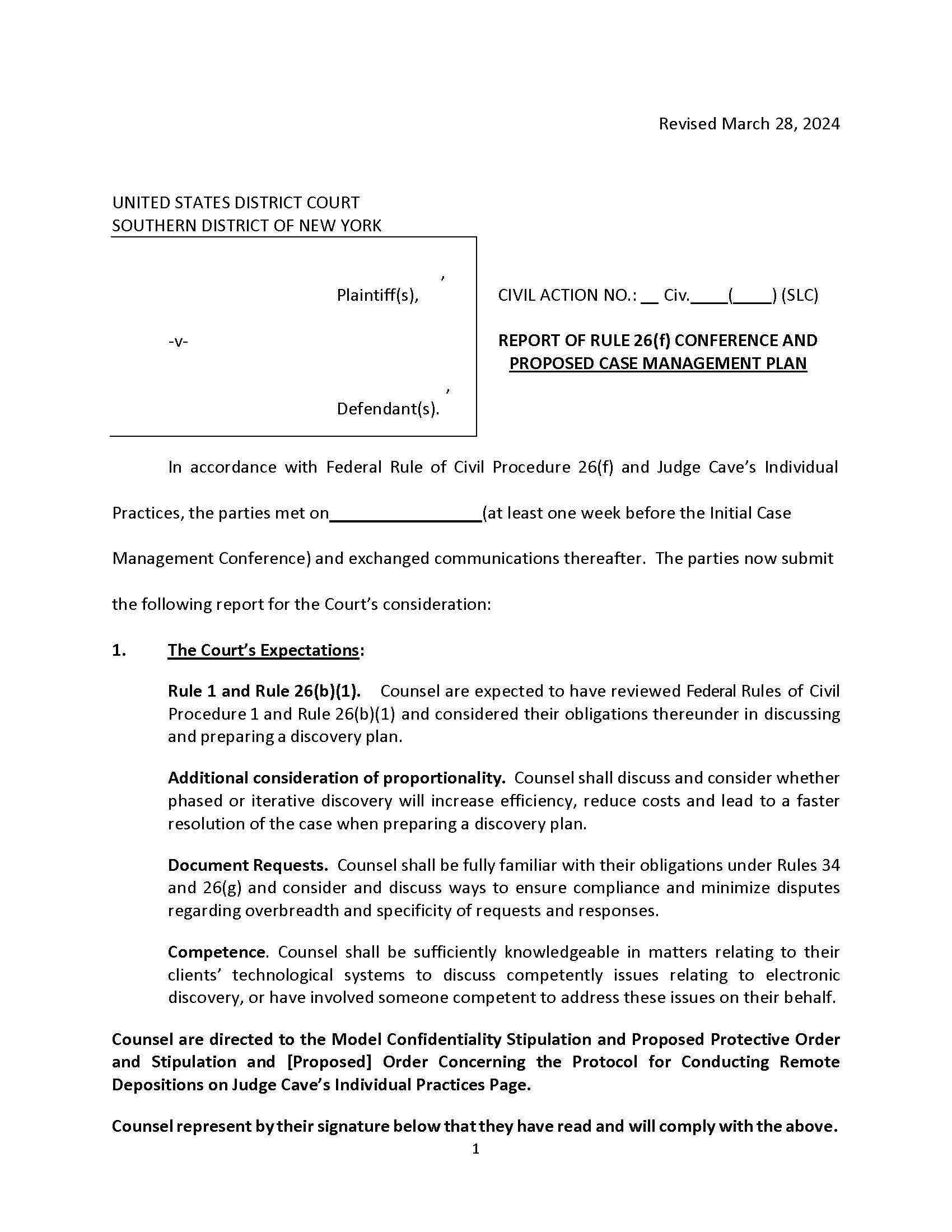 Report Of Rule 26(f) Conference - Case Management Plan (Maj. Judge Cave) {SDNY R26fCMP-SLC} | Pdf Fpdf Docx | New York
