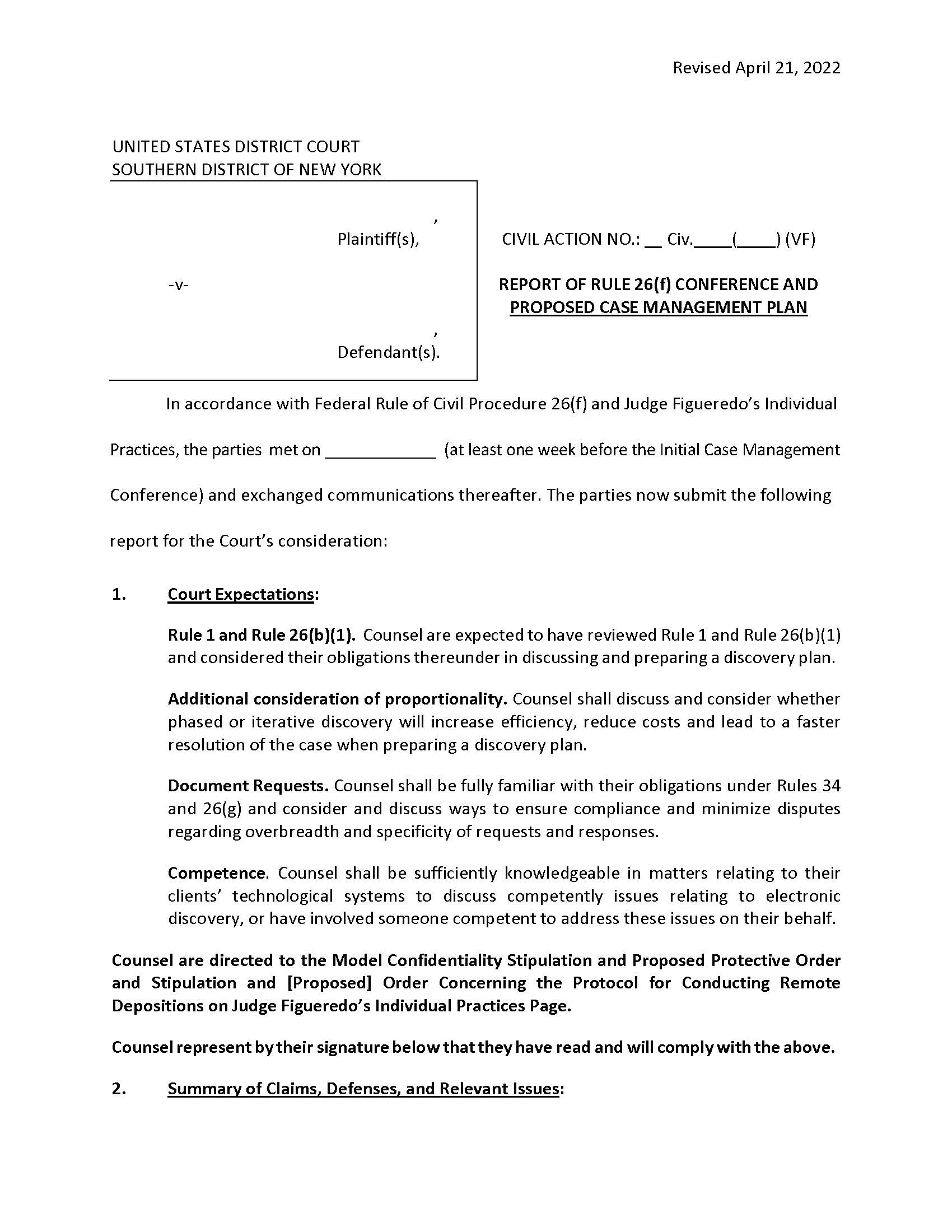 Report Of Rule 26(f) Conference And Proposed Case Management Plan (Maj. Judge Figueredo) | Pdf Fpdf Docx | New York