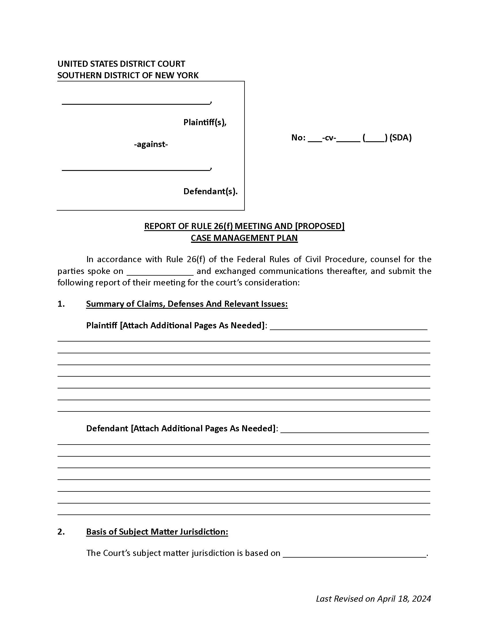 Report Of Rule 26(f) Meeting Proposed Case Management Plan (Maj. Judge Aaron) {SDNY RR26-A} | Pdf Fpdf Docx | New York