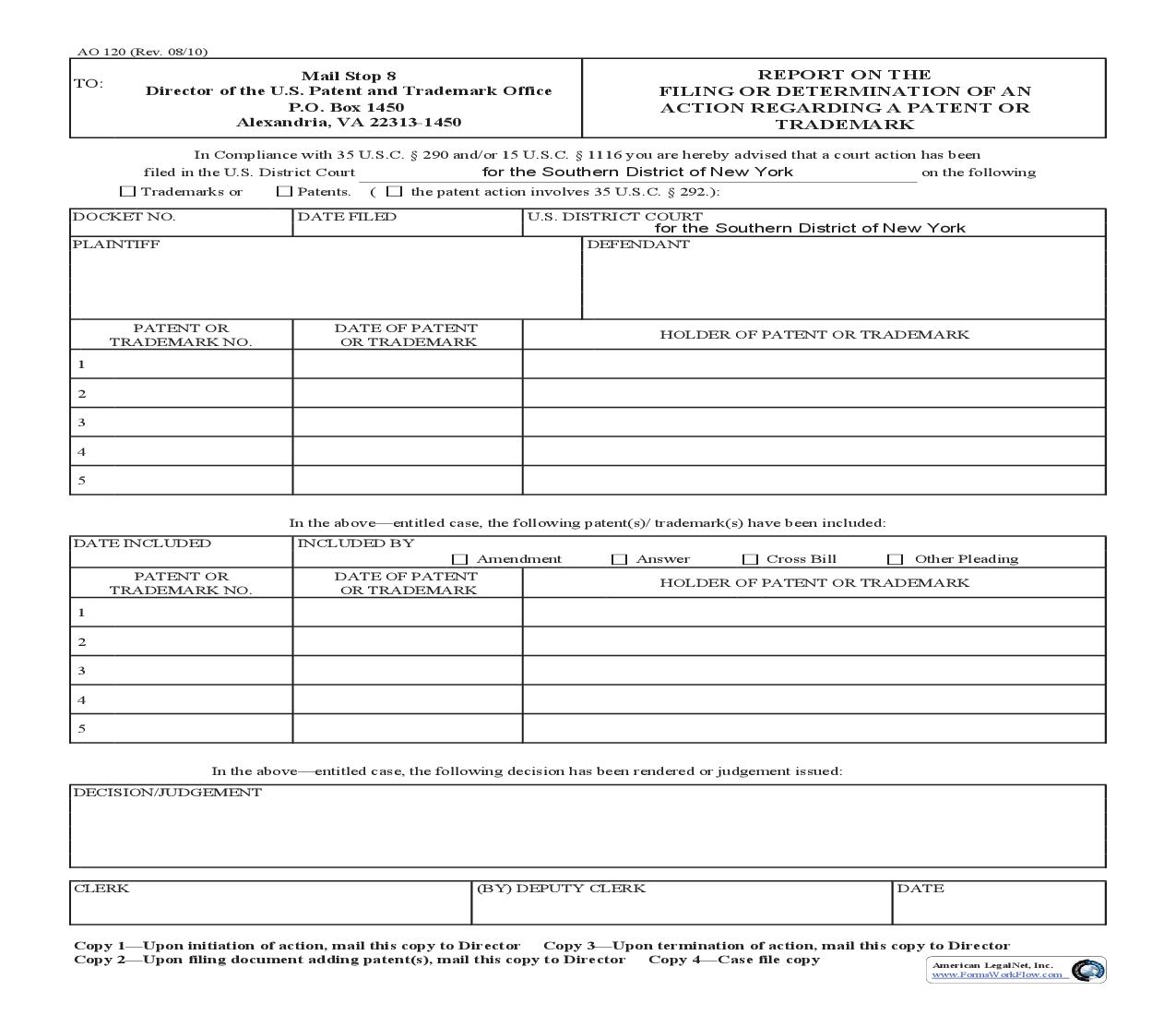Report On Filing-Determination Of Action Regarding Patent-Trademark (SDNY) {AO 120} | Pdf Fpdf Doc Docx | New York