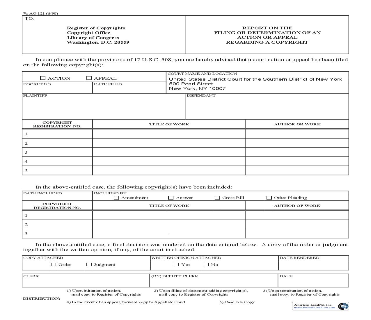Report On Filing-Determination Of Action-Appeal Re Copyright (SDNY) {AO 121} | Pdf Fpdf Doc Docx | New York
