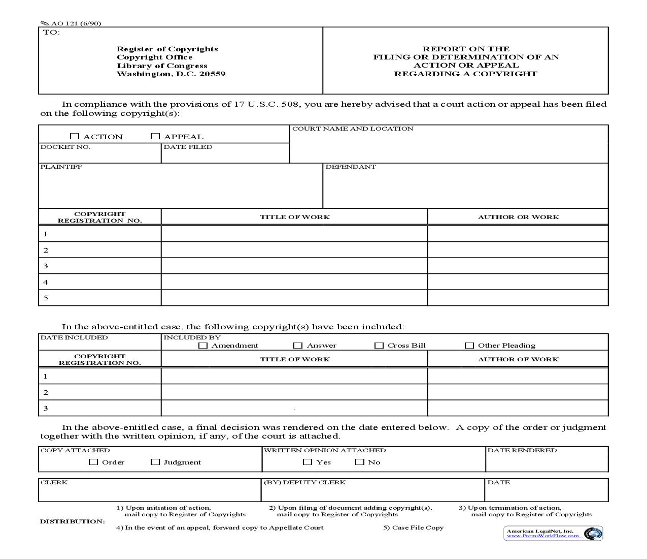 Report On The Filing Or Determination Of An Action Or Appeal Re A Copyright (SDNY) {AO 121} | Pdf Fpdf Doc Docx | New York
