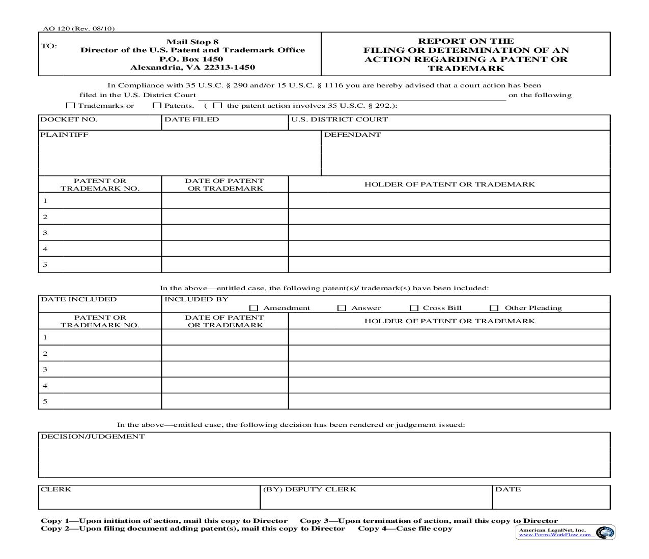 Report On The Filing Or Determination Of An Action Regarding A Patent Or Trademark (SDNY) {AO 120} | Pdf Fpdf Docx | New York