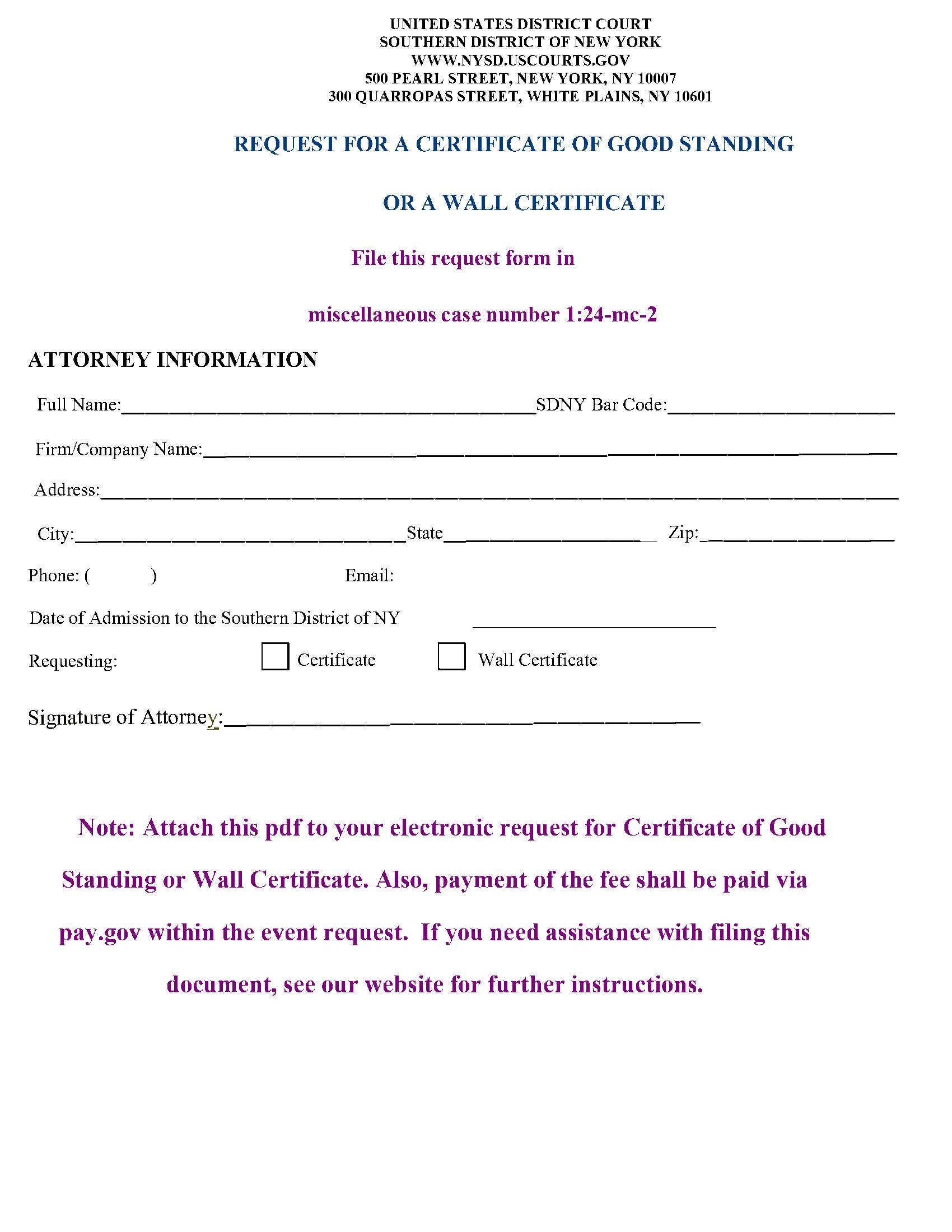 Request For Certificate Of Good Standing (Wall Certificate) {SDNY RfCGS} | Pdf Fpdf Docx | New York