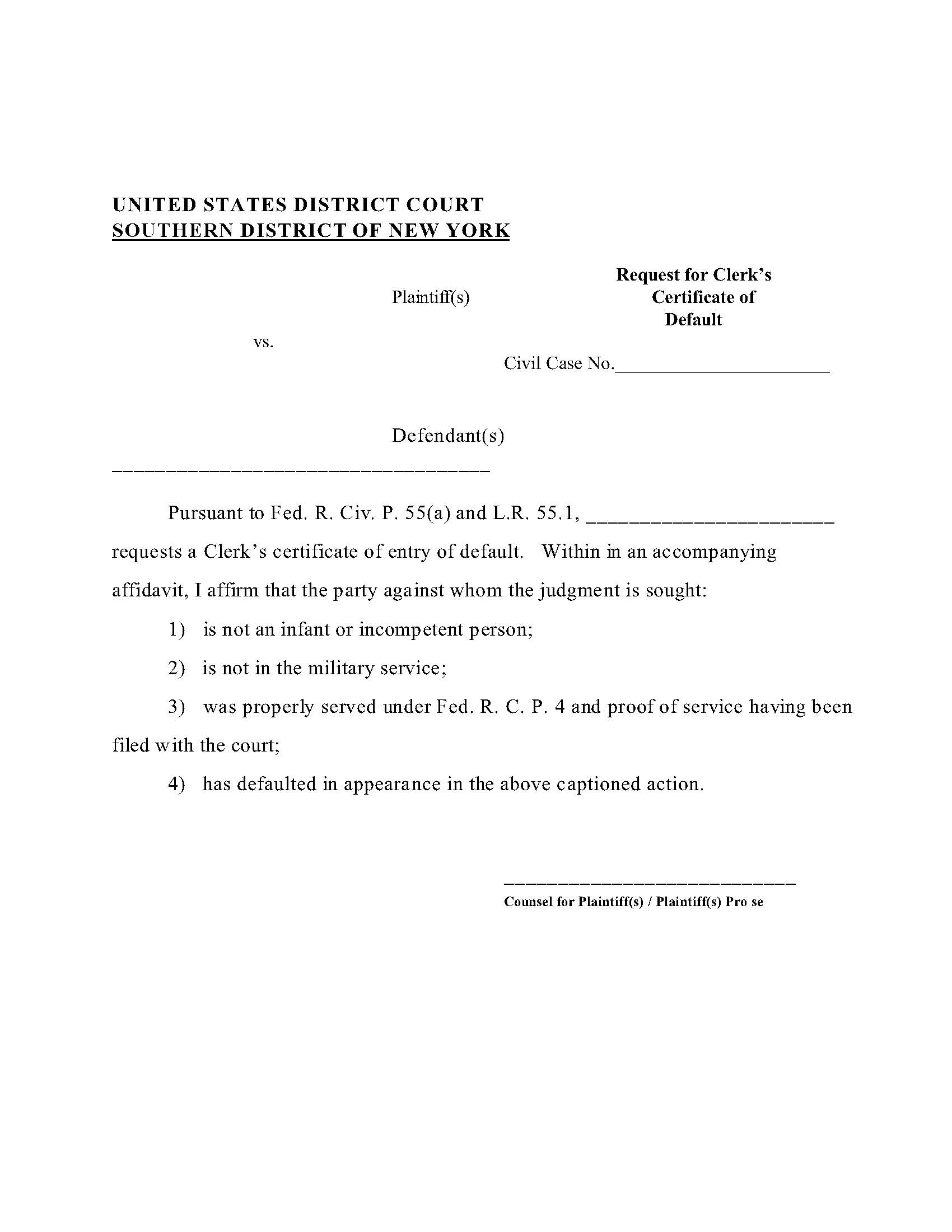 Request For Clerks Certificate Of Default {SDNY RCCD} | Pdf Fpdf Docx | New York
