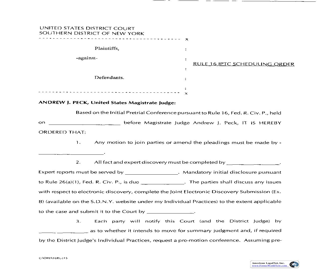Rule 16 IPTC Scheduling Order And Joint Electronic Discovery (Judge Peck) | Pdf Fpdf Doc Docx | New York