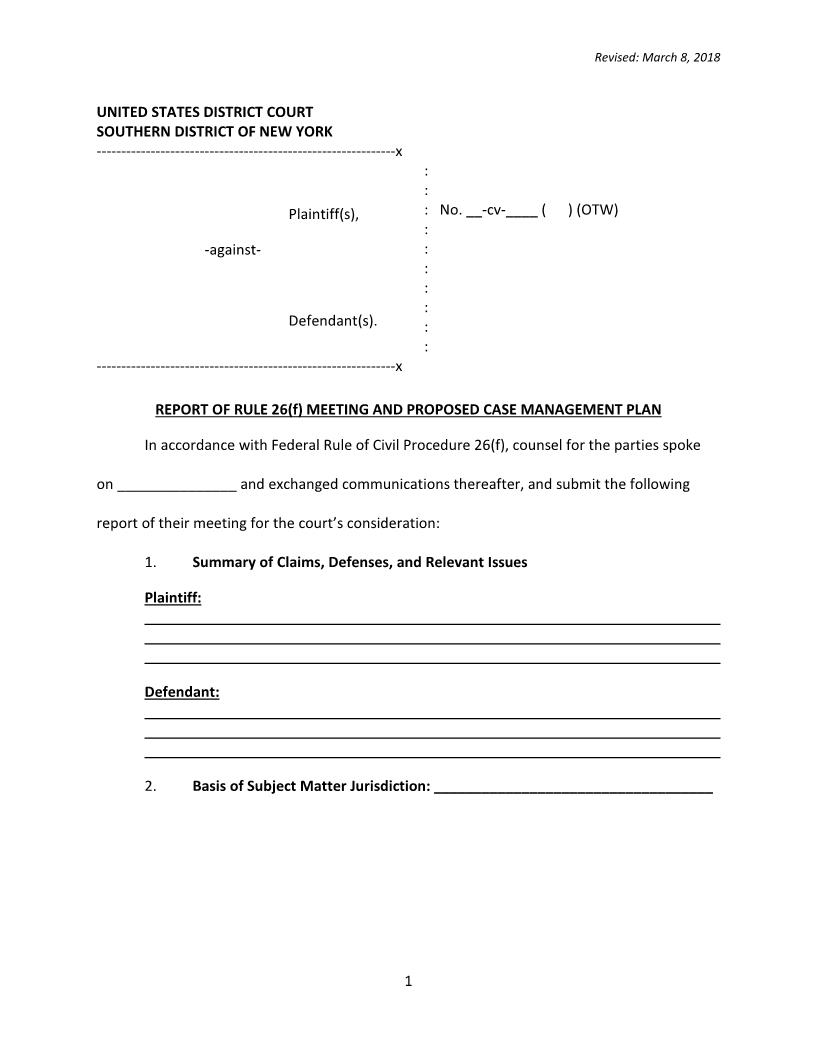 Rule 26(f) Meeting Proposed Case Management Plan (Mag. Judge Wang) {SDNY R26fMPCMPOTW} | Pdf Fpdf Docx | New York