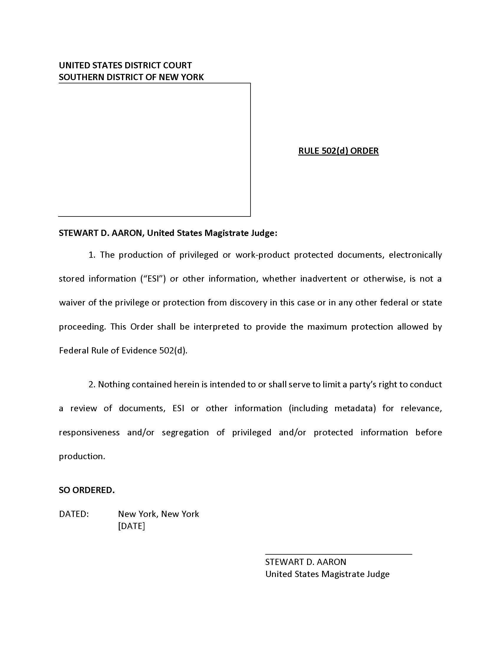 Rule 502(d) Order (Mag. Judge Aaron) {SDNY Rule502dJA} | Pdf Fpdf Doc Docx | New York