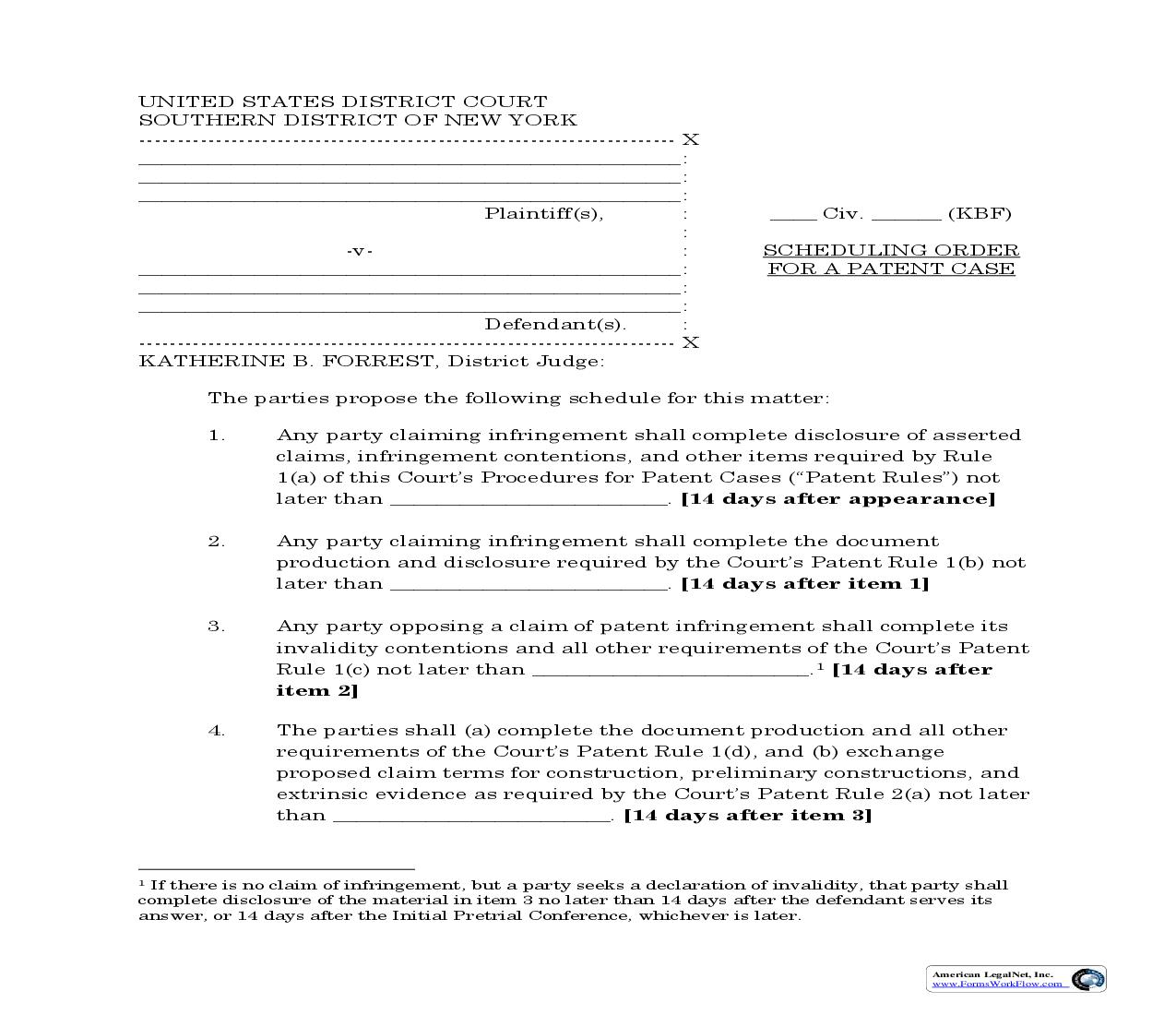 Scheduling Order For A Patent Case (Judge Forrest) | Pdf Fpdf Doc Docx | New York