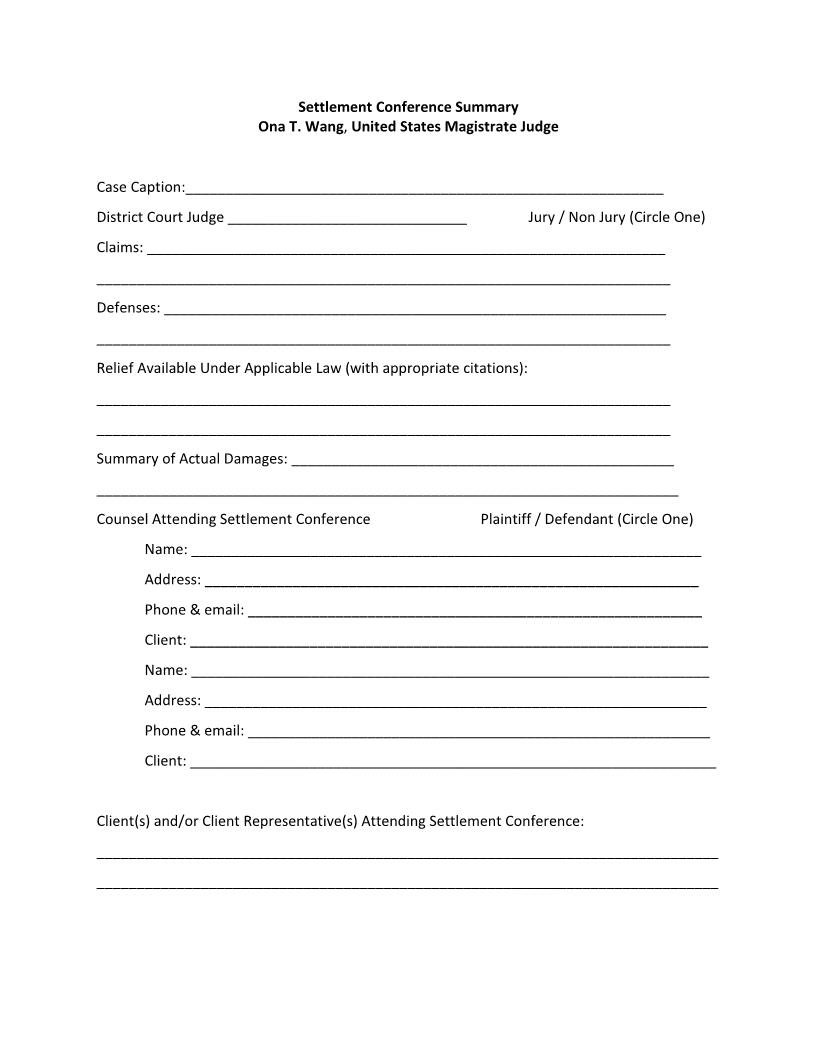Settlement Conference Summary {Mag. Judge Wang) {SDNY SCSOTW} | Pdf Fpdf Docx | New York