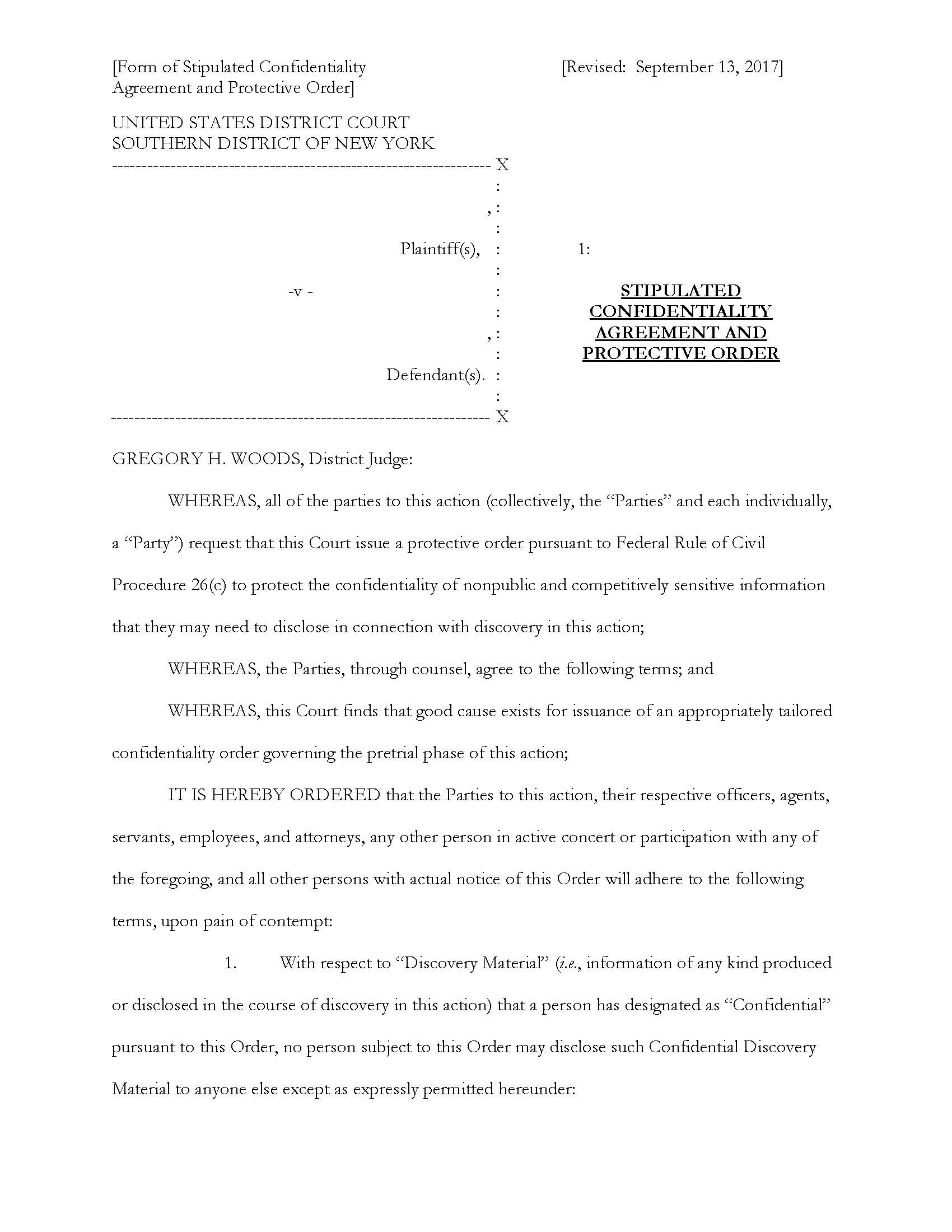 Stipulated Confidentiality Agreement And Protective Order And Non-Disclosure Agreement (Judge Woods) | Pdf Fpdf Docx | New York