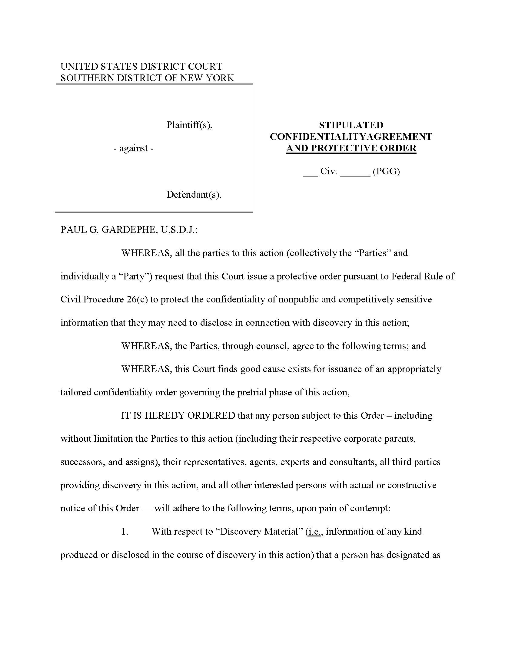 Stipulated Confidentiality Agreement Protective Order NDA (Judge Gardephe) {SDNY SCAPONDAPGG} | Pdf Fpdf Doc Docx | New York