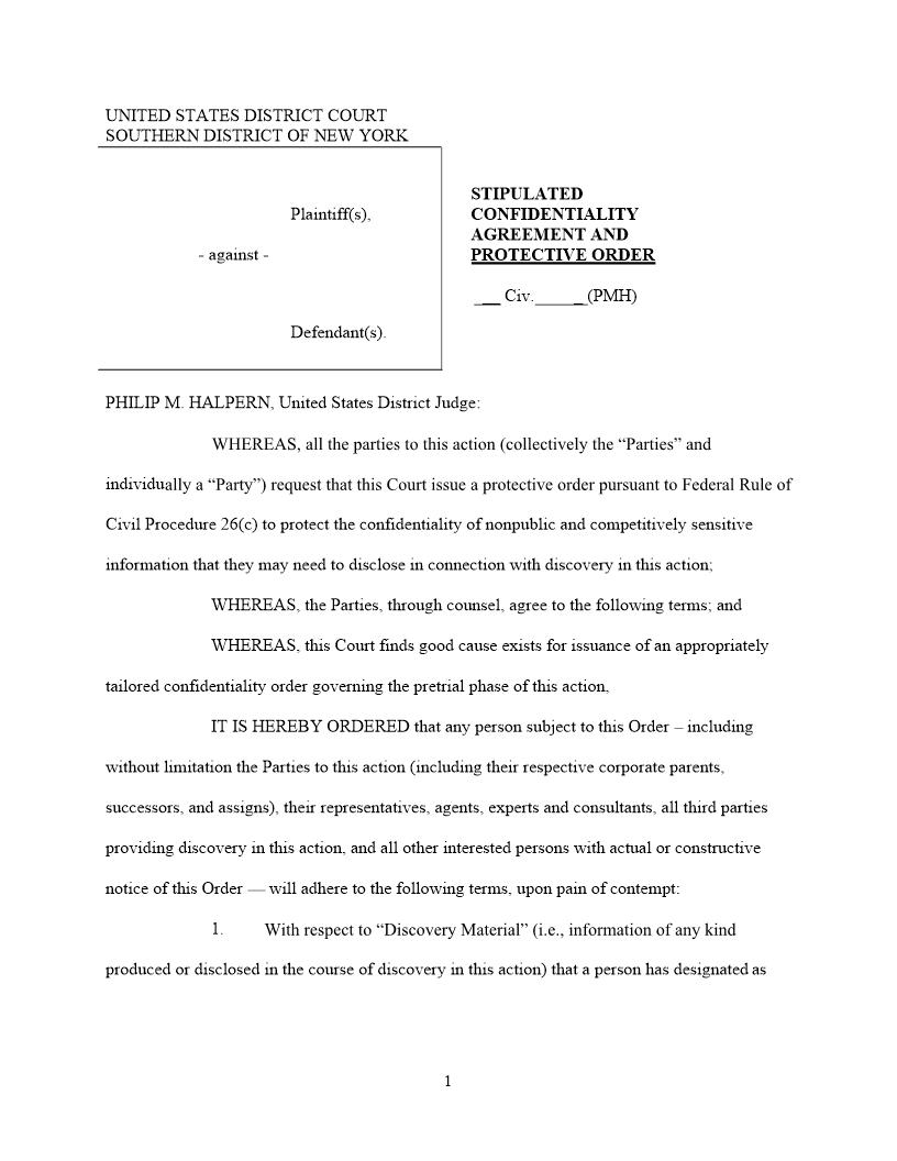 Stipulated Confidentiality Agreement Protective Order Non-Disclosure Agreement (Judge Halpern) {SDNY SCAPOPMH} | Pdf Fpdf Docx | New York